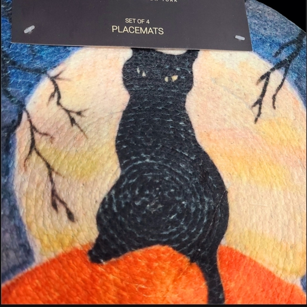 Set of 4 15" BLACK CAT Halloween MOON Stars PUmpkin Placemats By Rachel Zoe New - Picture 2 of 4